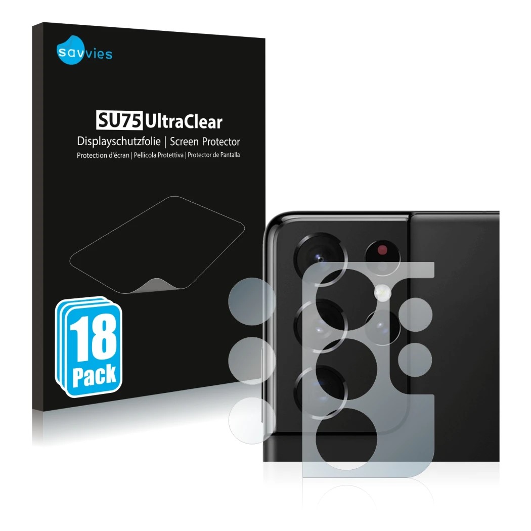 Parte frontale di una confezione del prodotto con il logo del marchio Savvies. Accanto è raffigurato il dispositivo Samsung Ga