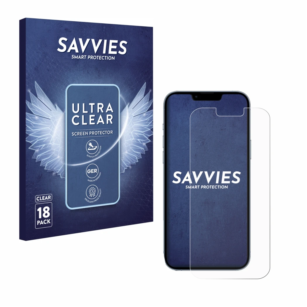 Parte frontale di una confezione del prodotto con il logo del marchio Savvies. Accanto è raffigurato il dispositivo Apple iPho