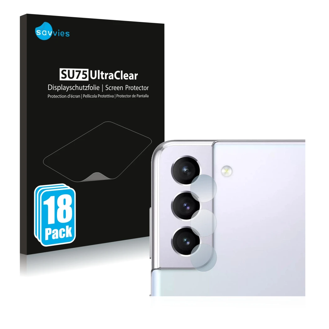 Parte frontale di una confezione del prodotto con il logo del marchio Savvies. Accanto è raffigurato il dispositivo Samsung Ga