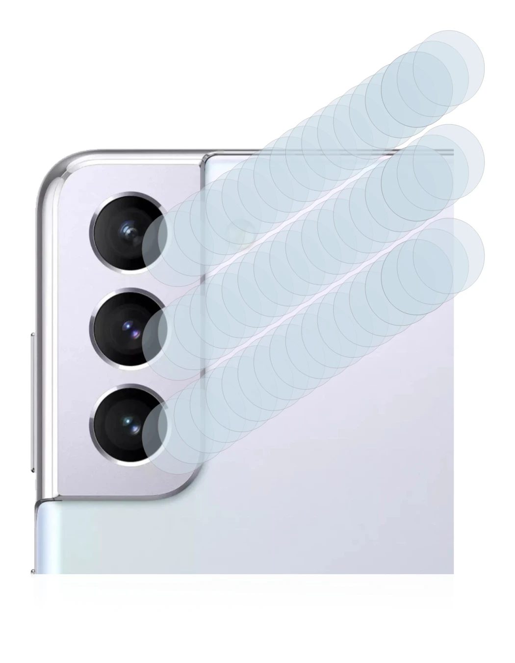 Immagine del dispositivo Samsung Galaxy S21 (SOLO Fotocamera) con un'ampia varietà di protezioni per lo schermo.