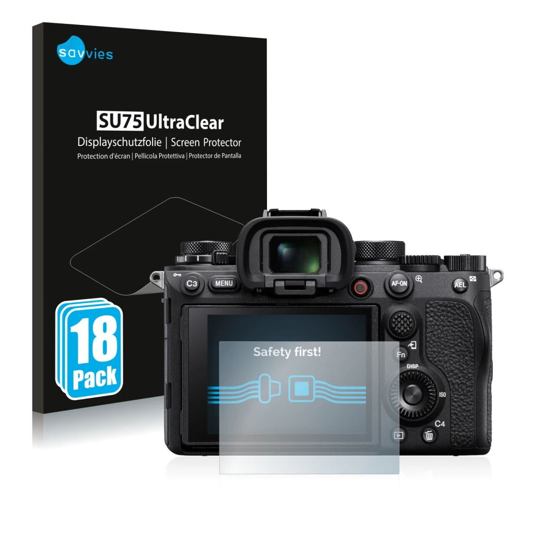 Parte frontale di una confezione del prodotto con il logo del marchio Savvies. Accanto è raffigurato il dispositivo Sony Alpha