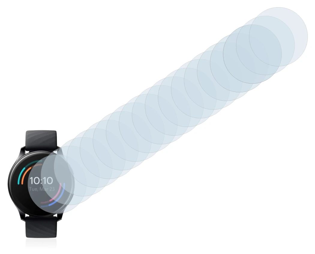 Immagine del dispositivo OnePlus Watch con un'ampia varietà di protezioni per lo schermo.