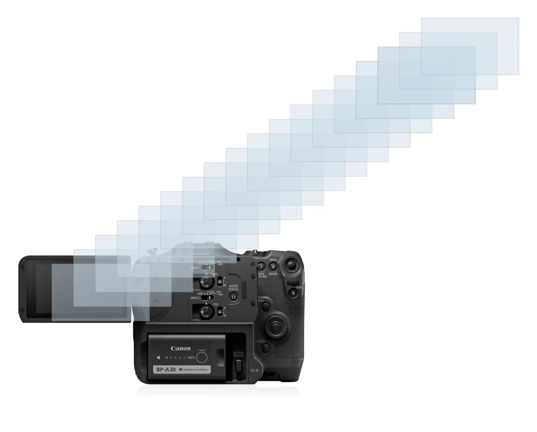 Immagine del dispositivo Canon EOS C70 con un'ampia varietà di protezioni per lo schermo.