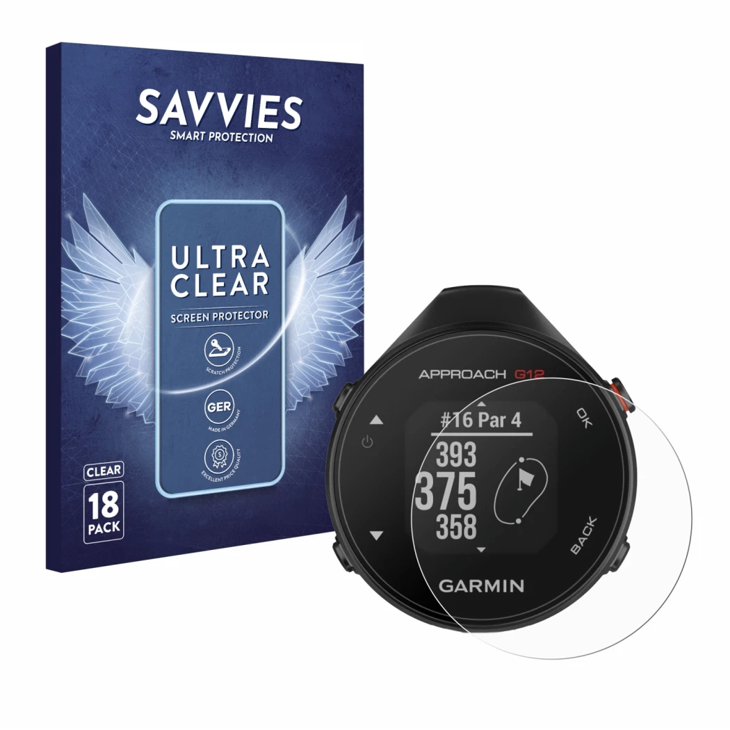 Parte frontale di una confezione del prodotto con il logo del marchio Savvies. Accanto è raffigurato il dispositivo Garmin App