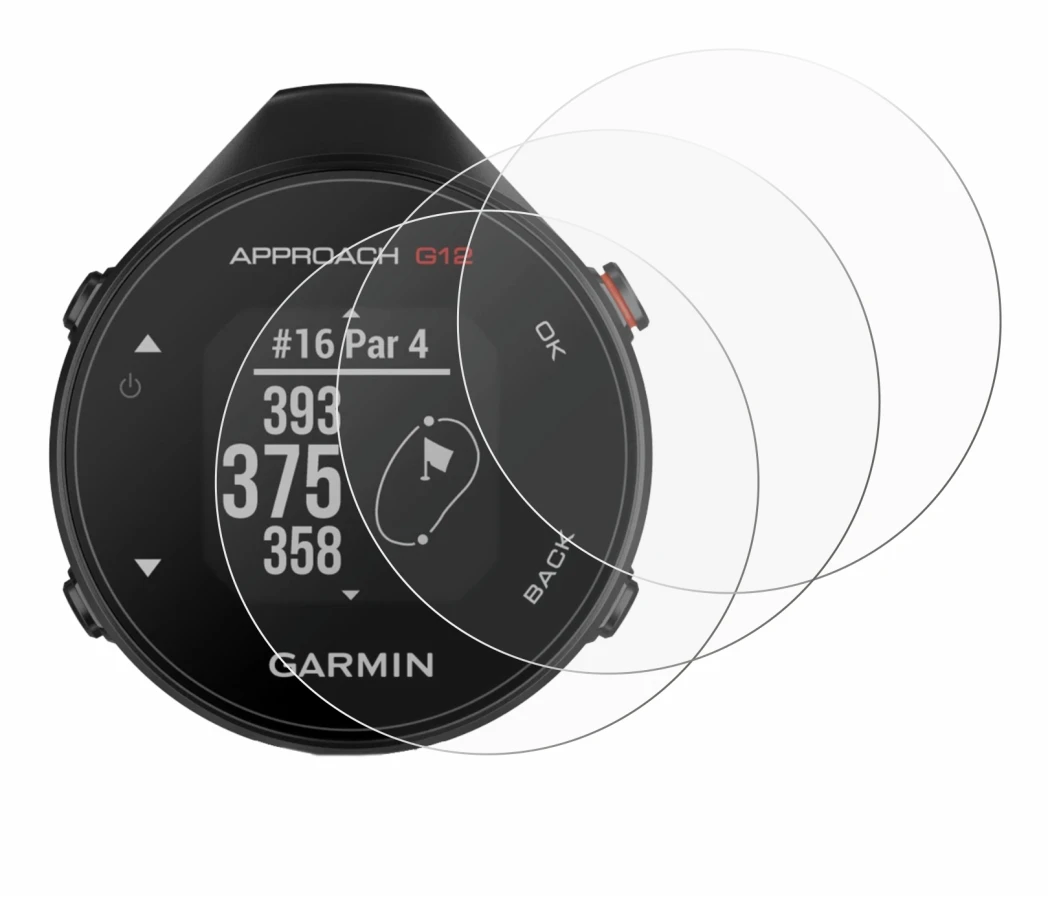 Immagine del dispositivo Garmin Approach G12 con un'ampia varietà di protezioni per lo schermo.