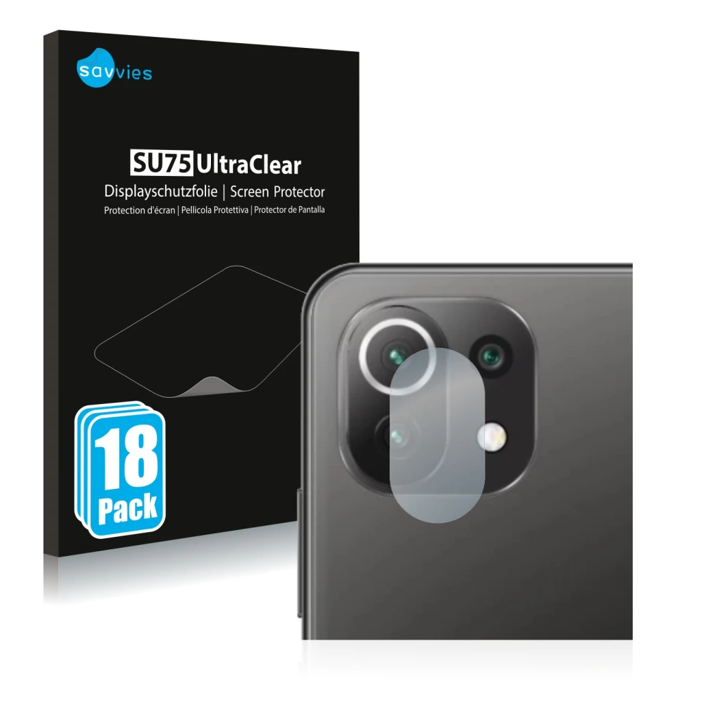 Parte frontale di una confezione del prodotto con il logo del marchio Savvies. Accanto è raffigurato il dispositivo Xiaomi Mi 