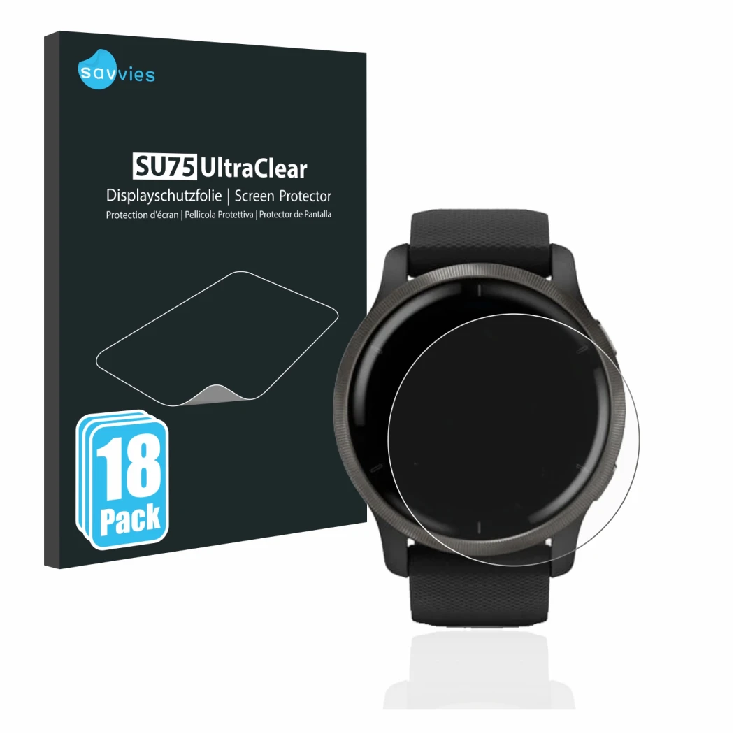 Parte frontale di una confezione del prodotto con il logo del marchio Savvies. Accanto è raffigurato il dispositivo Garmin Ven