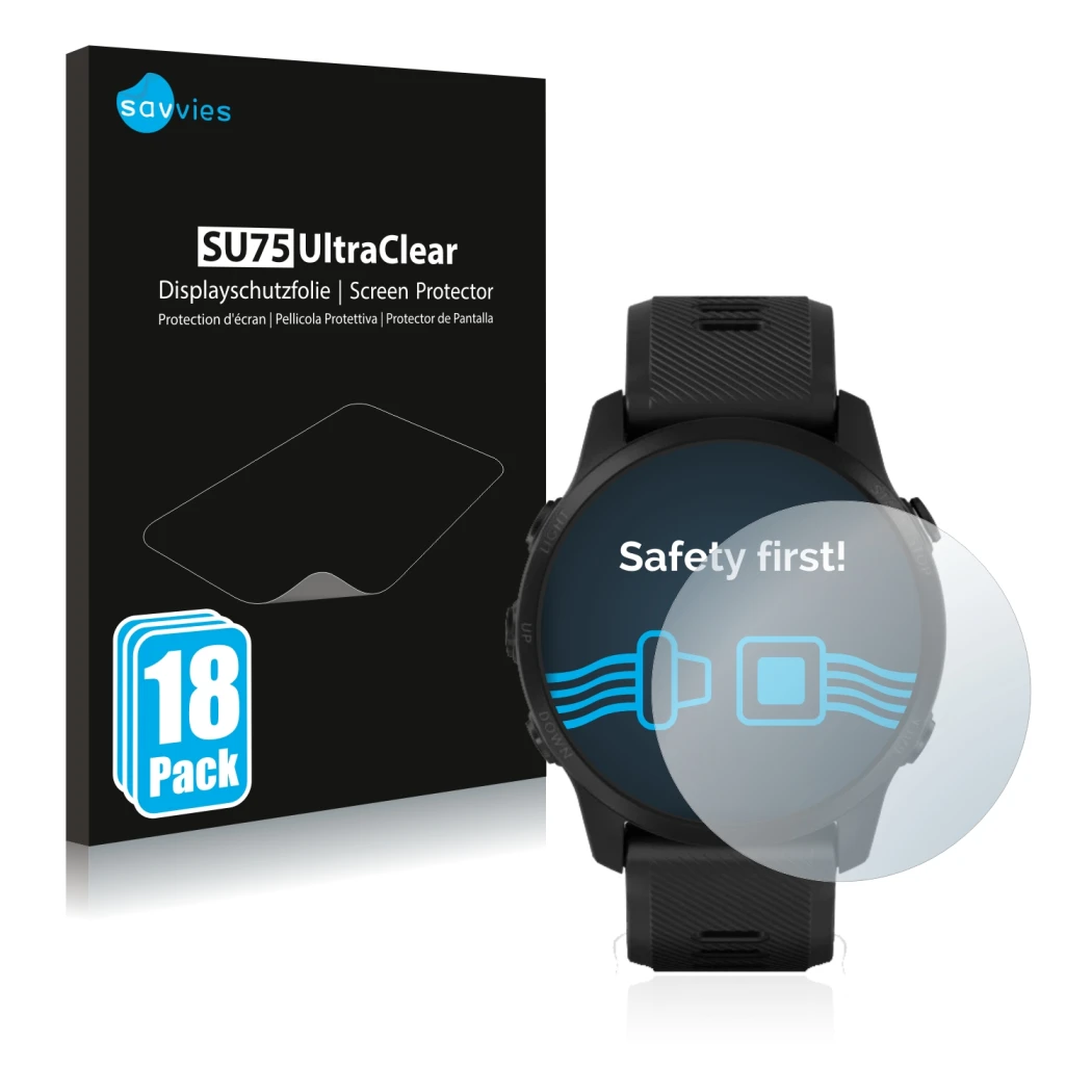 Parte frontale di una confezione del prodotto con il logo del marchio Savvies. Accanto è raffigurato il dispositivo Garmin For