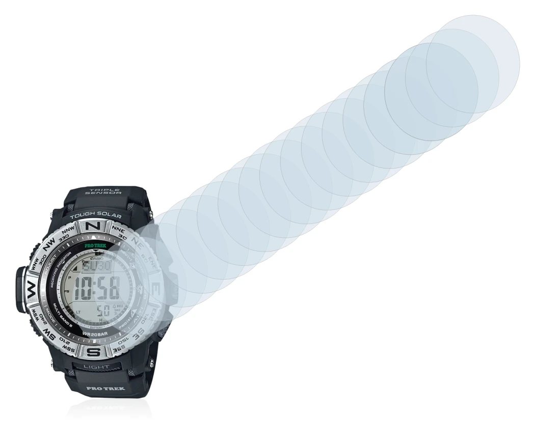 Immagine del dispositivo Casio Pro Trek PRW-3500-1 con un'ampia varietà di protezioni per lo schermo.