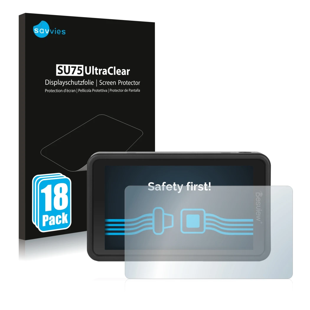 Parte frontale di una confezione del prodotto con il logo del marchio Savvies. Accanto è raffigurato il dispositivo Desview R5