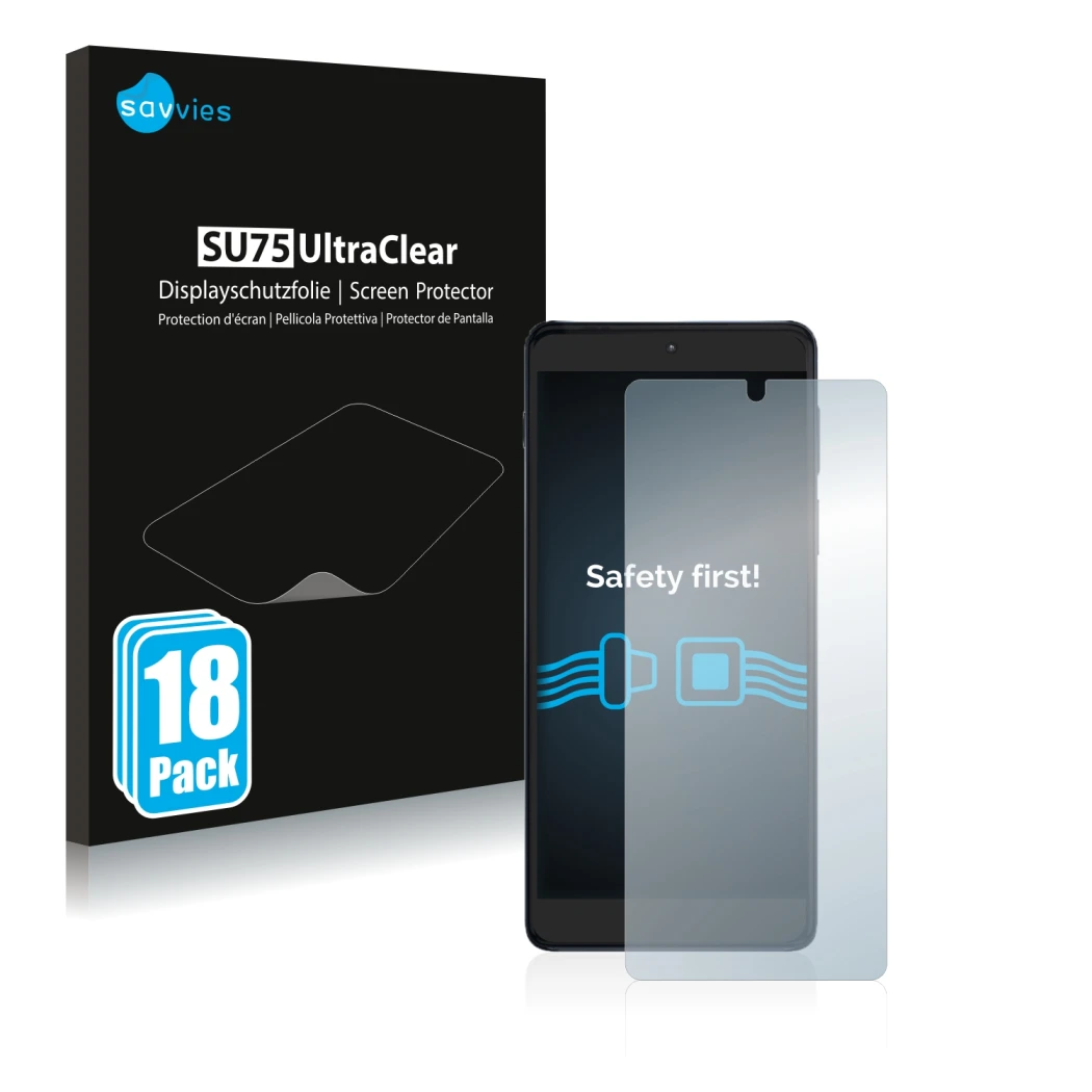 Parte frontale di una confezione del prodotto con il logo del marchio Savvies. Accanto è raffigurato il dispositivo Motorola E