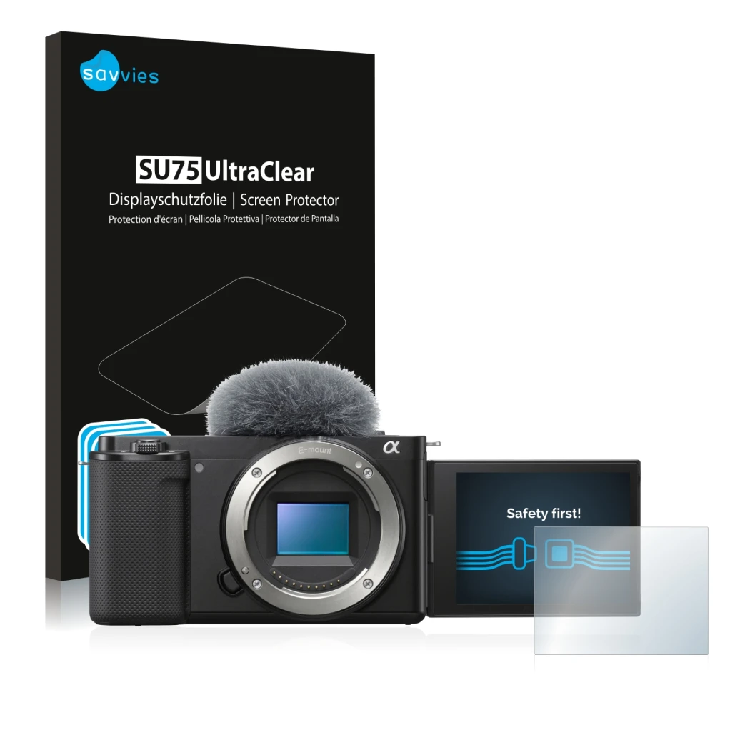 Parte frontale di una confezione del prodotto con il logo del marchio Savvies. Accanto è raffigurato il dispositivo Sony Alpha