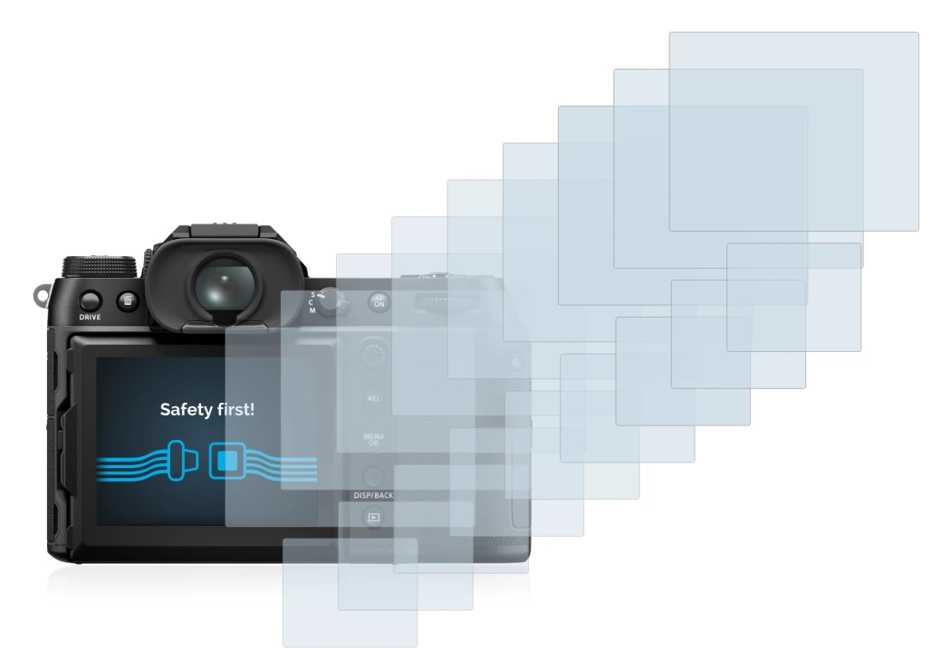 Immagine del dispositivo Fujifilm GFX50S II con un'ampia varietà di protezioni per lo schermo.