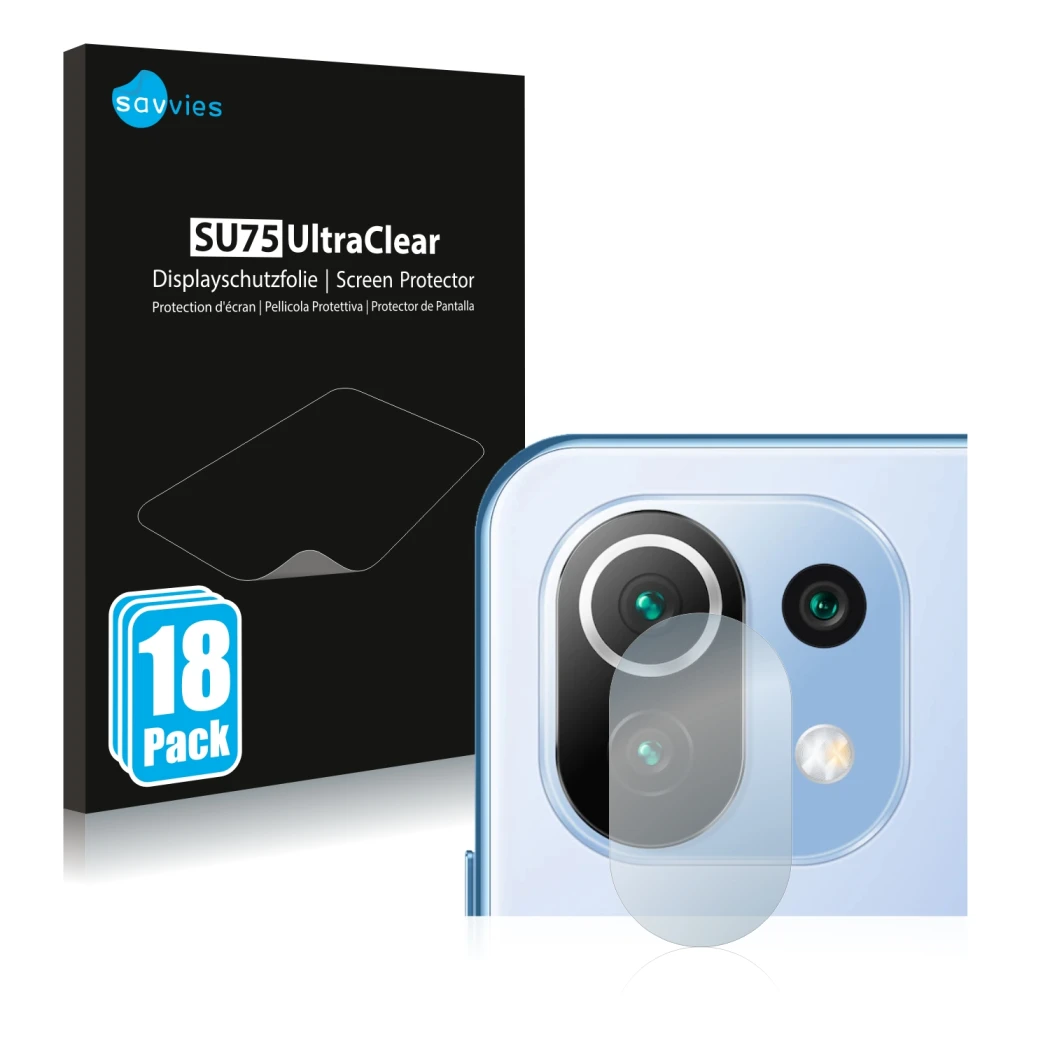 Parte frontale di una confezione del prodotto con il logo del marchio Savvies. Accanto è raffigurato il dispositivo Xiaomi 11 