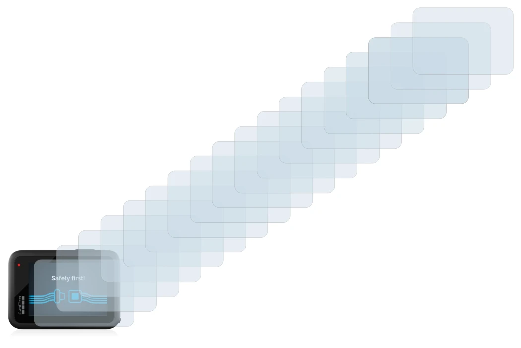 Immagine del dispositivo GoPro Hero 10 Black con un'ampia varietà di protezioni per lo schermo.