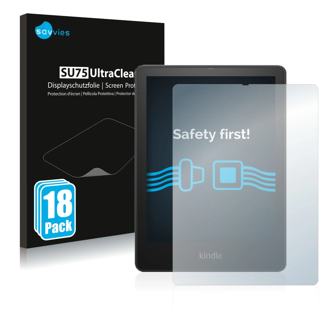 Parte frontale di una confezione del prodotto con il logo del marchio Savvies. Accanto è raffigurato il dispositivo Amazon Kin