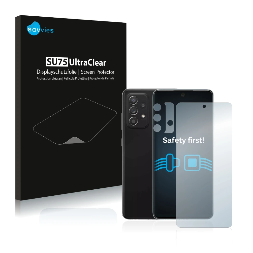 Parte frontale di una confezione del prodotto con il logo del marchio Savvies. Accanto è raffigurato il dispositivo Samsung Ga