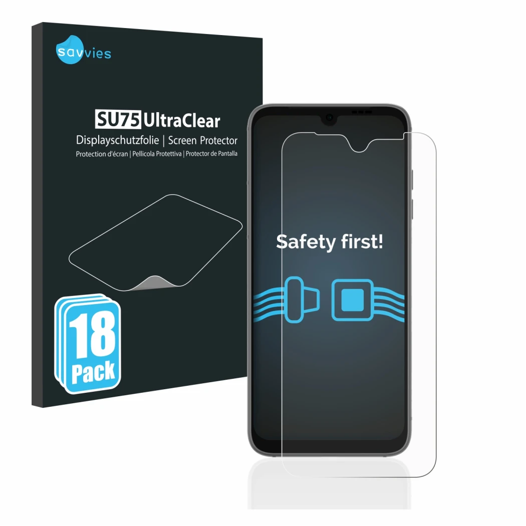 Parte frontale di una confezione del prodotto con il logo del marchio Savvies. Accanto è raffigurato il dispositivo Fairphone 