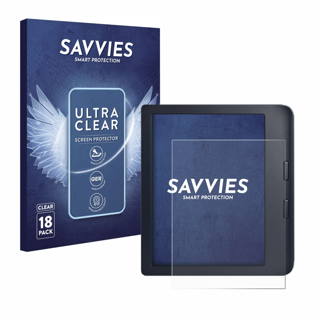 Parte frontale di una confezione del prodotto con il logo del marchio Savvies. Accanto è raffigurato il dispositivo Kobo Libra