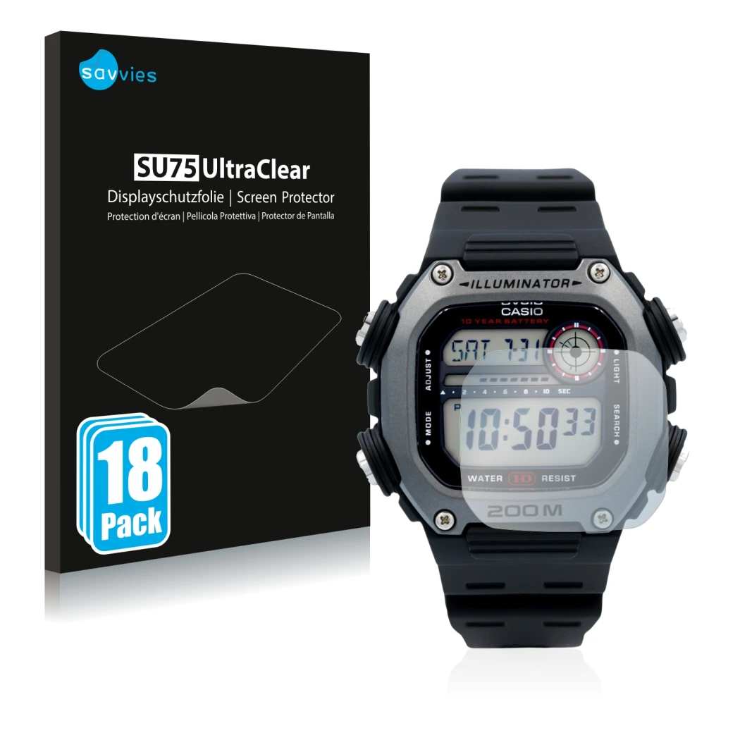 Parte frontale di una confezione del prodotto con il logo del marchio Savvies. Accanto è raffigurato il dispositivo Casio DW-2