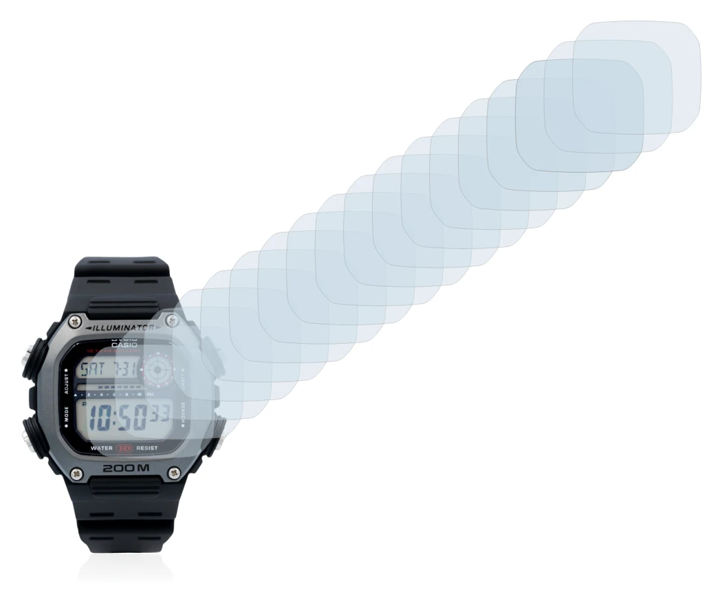 Immagine del dispositivo Casio DW-291H con un'ampia varietà di protezioni per lo schermo.