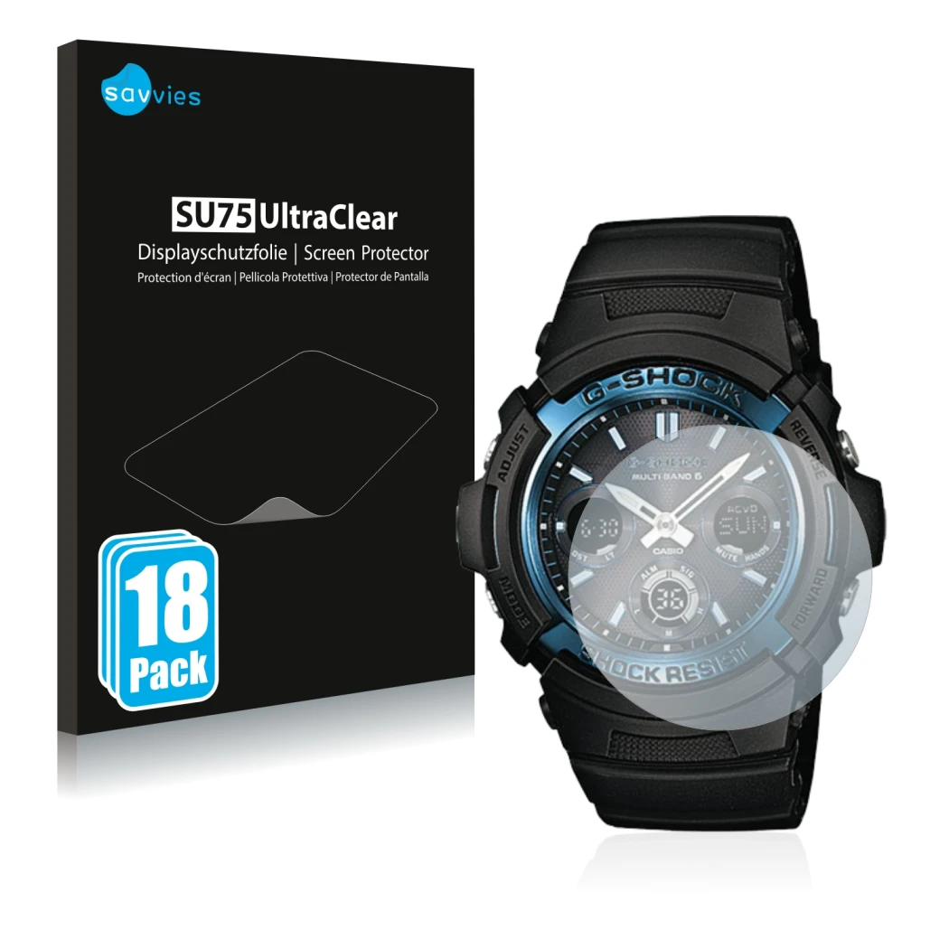 Parte frontale di una confezione del prodotto con il logo del marchio Savvies. Accanto è raffigurato il dispositivo Casio AWG 