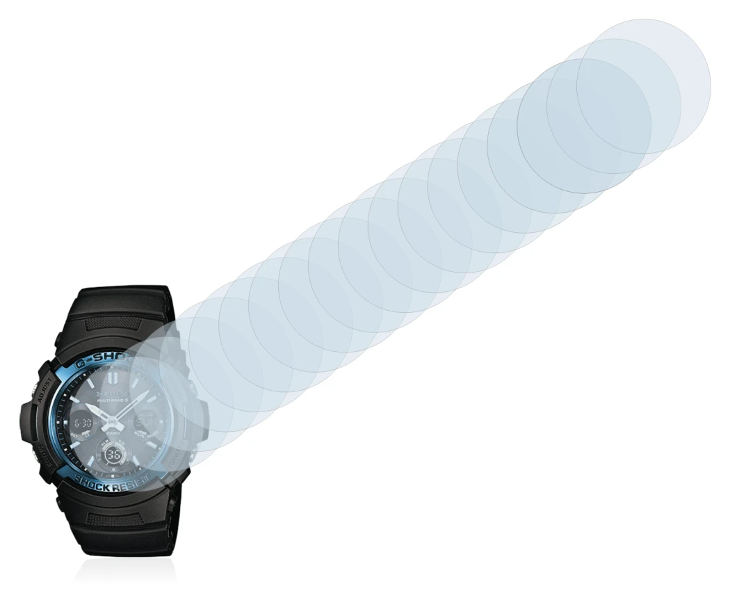 Immagine del dispositivo Casio AWG M100 con un'ampia varietà di protezioni per lo schermo.