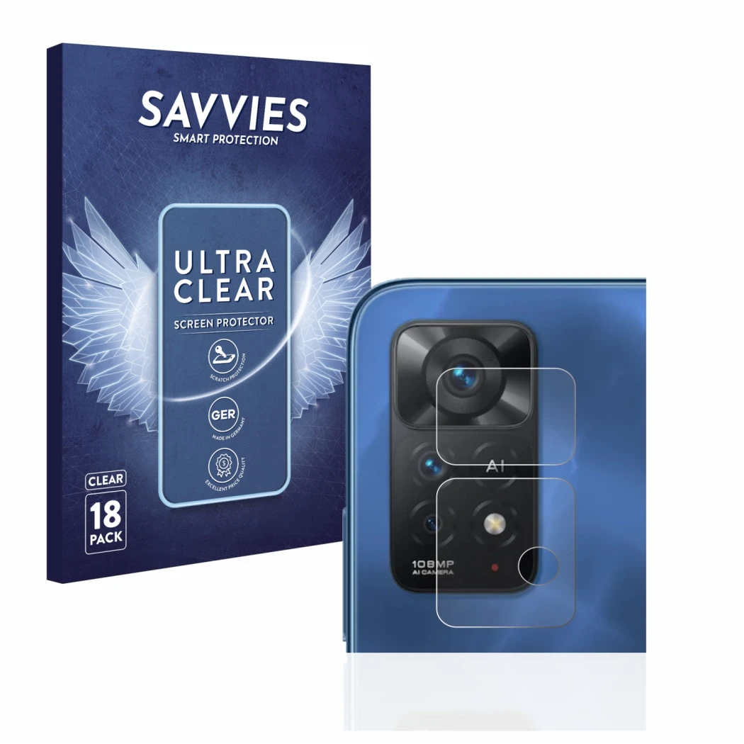 Parte frontale di una confezione del prodotto con il logo del marchio Savvies. Accanto è raffigurato il dispositivo Xiaomi Red