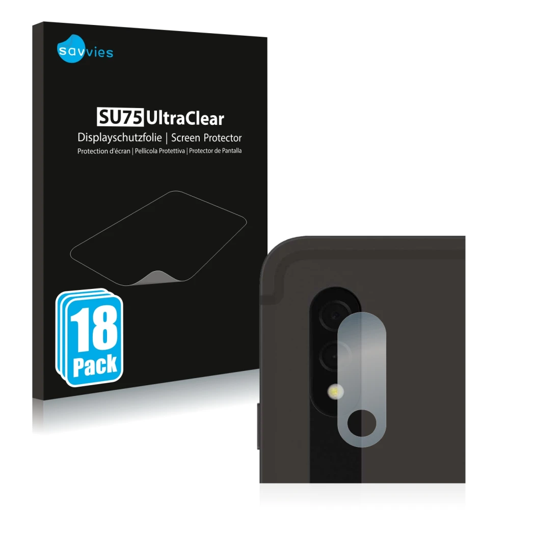 Parte frontale di una confezione del prodotto con il logo del marchio Savvies. Accanto è raffigurato il dispositivo Samsung Ga