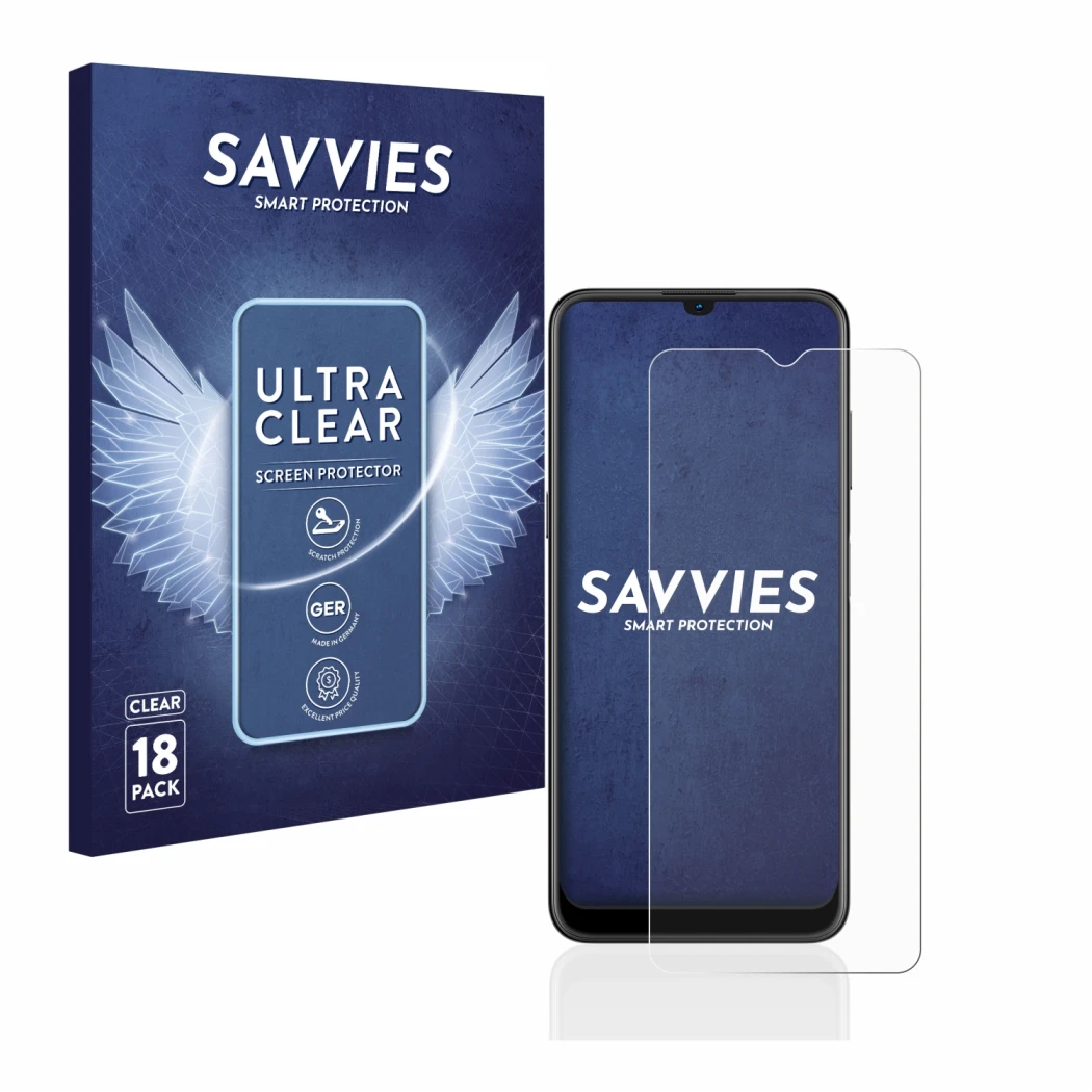 Parte frontale di una confezione del prodotto con il logo del marchio Savvies. Accanto è raffigurato il dispositivo Nokia G21 