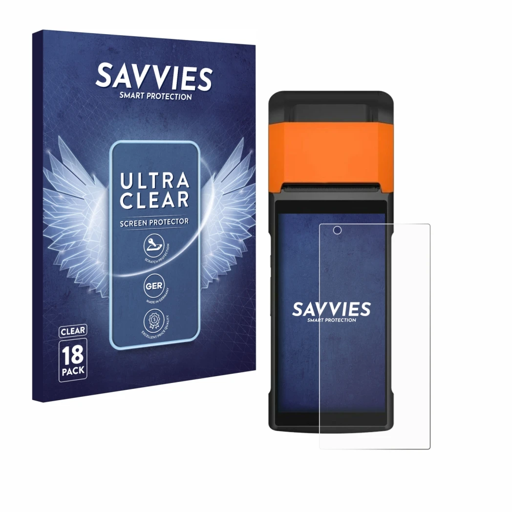 Parte frontale di una confezione del prodotto con il logo del marchio Savvies. Accanto è raffigurato il dispositivo Sunmi V2s 