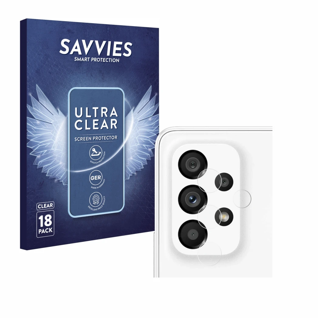 Parte frontale di una confezione del prodotto con il logo del marchio Savvies. Accanto è raffigurato il dispositivo Samsung Ga