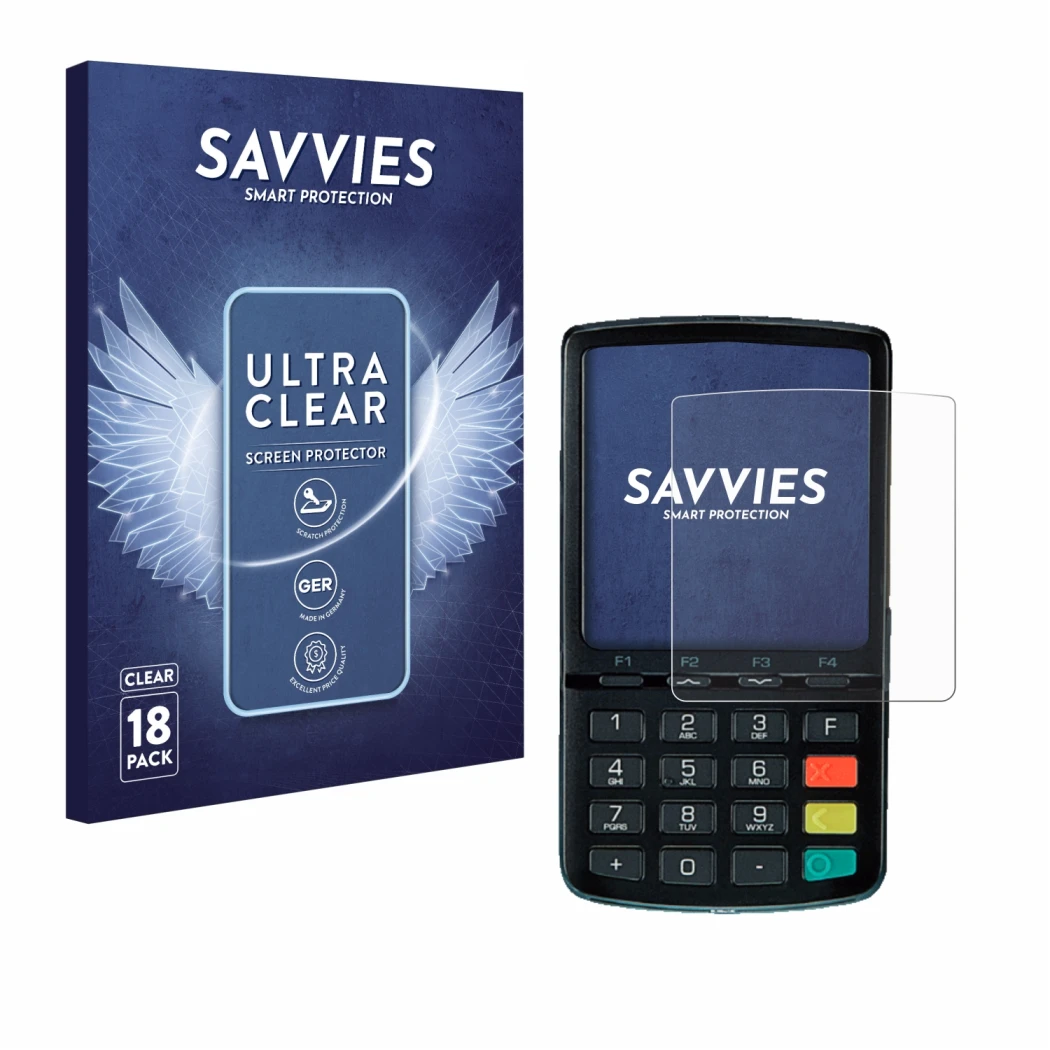 Parte frontale di una confezione del prodotto con il logo del marchio Savvies. Accanto è raffigurato il dispositivo ingenico L