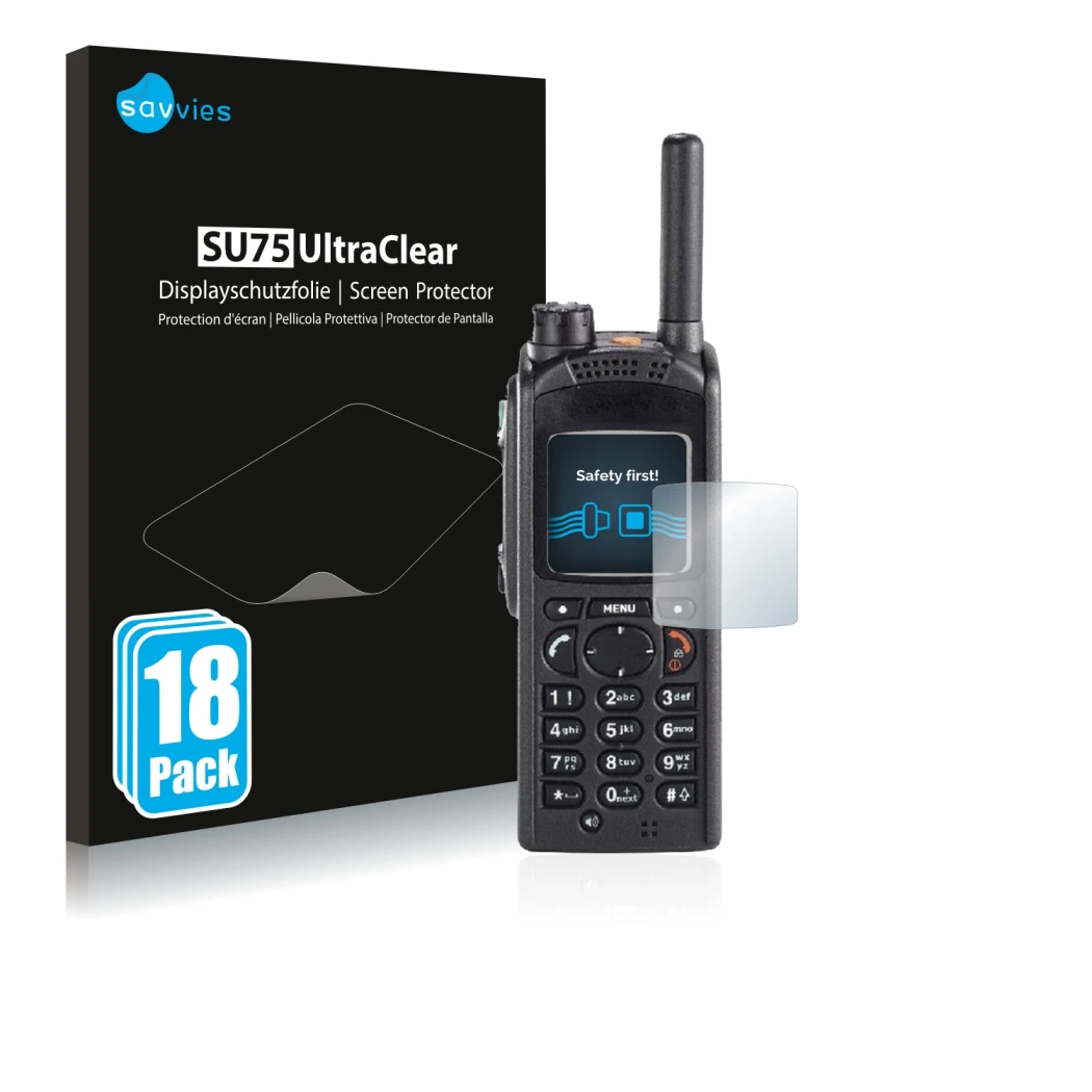 Parte frontale di una confezione del prodotto con il logo del marchio Savvies. Accanto è raffigurato il dispositivo Motorola M