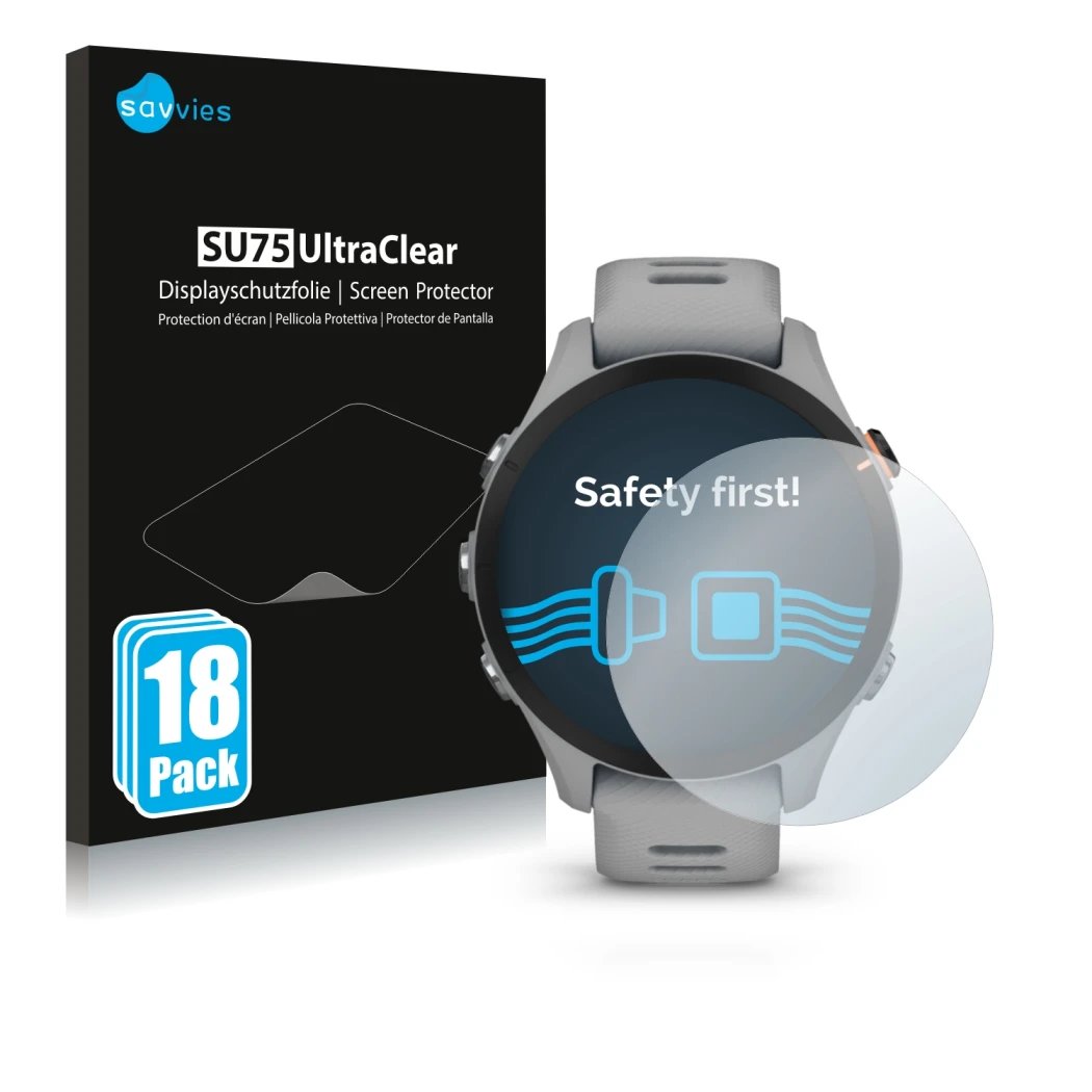 Parte frontale di una confezione del prodotto con il logo del marchio Savvies. Accanto è raffigurato il dispositivo Garmin For
