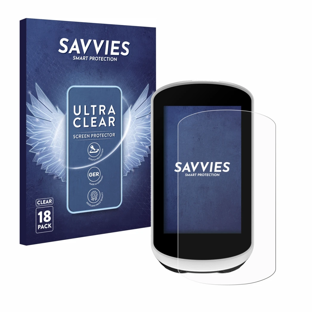 Parte frontale di una confezione del prodotto con il logo del marchio Savvies. Accanto è raffigurato il dispositivo Garmin Edg