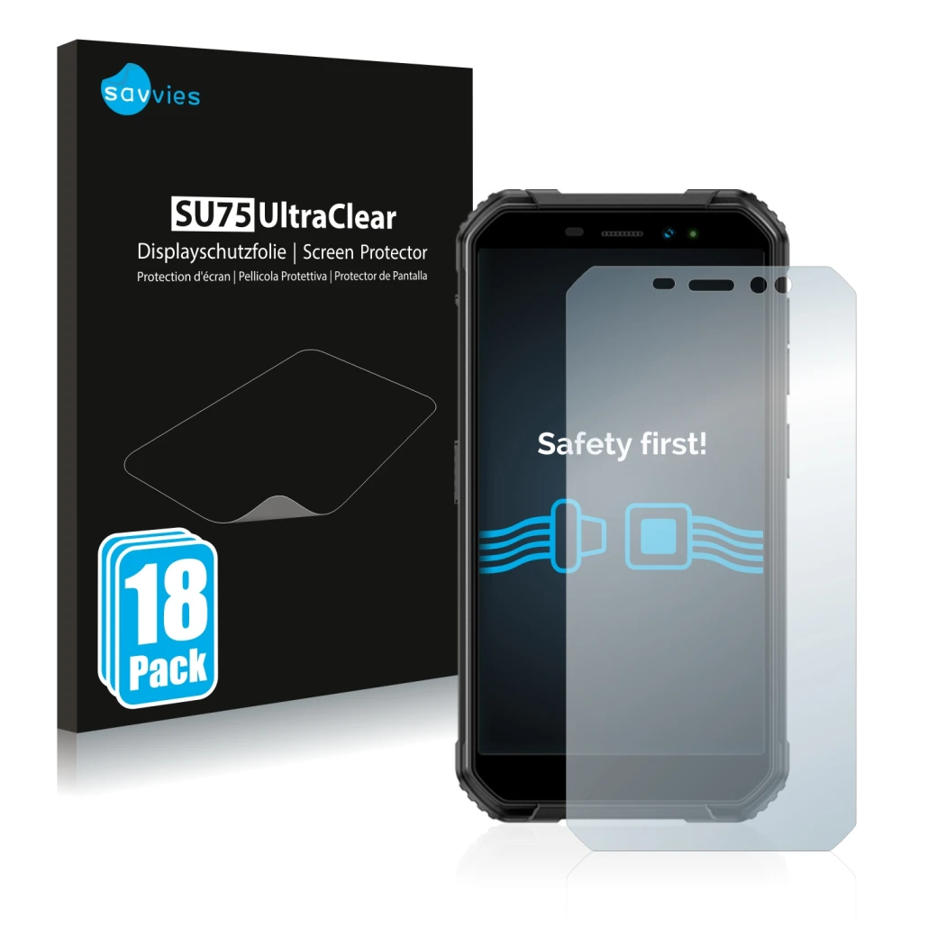 Parte frontale di una confezione del prodotto con il logo del marchio Savvies. Accanto è raffigurato il dispositivo Ulefone Ar