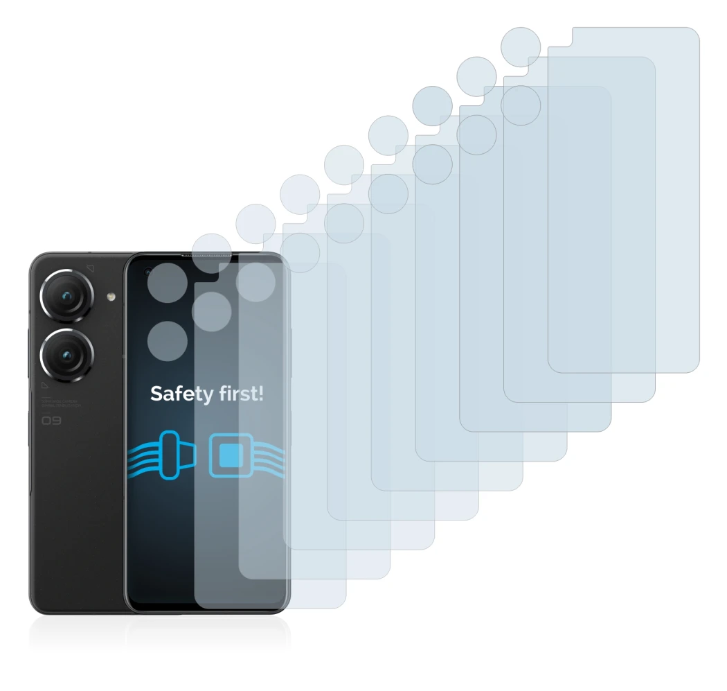 Immagine del dispositivo ASUS ZenFone 9 (Fronte+Fotocamera) con un'ampia varietà di protezioni per lo schermo.