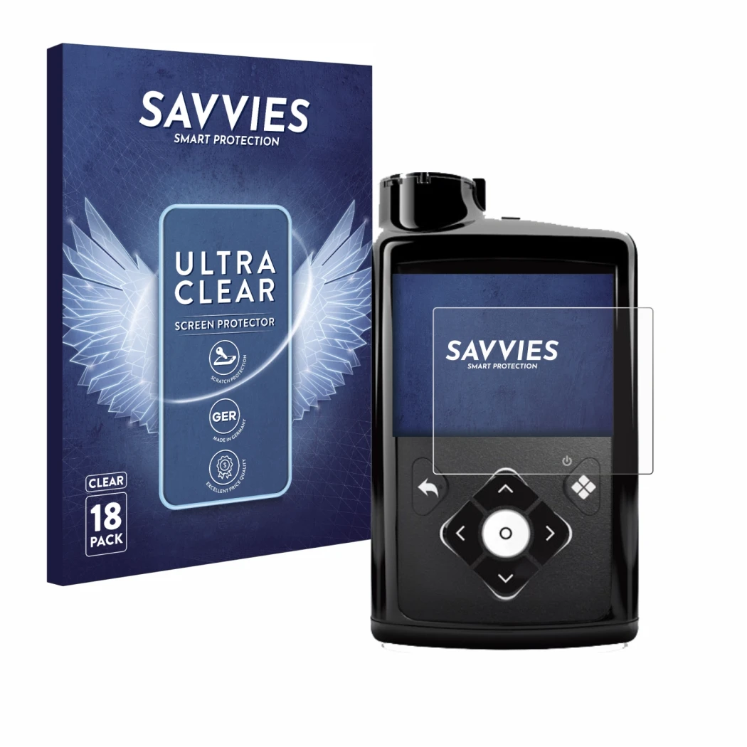 Parte frontale di una confezione del prodotto con il logo del marchio Savvies. Accanto è raffigurato il dispositivo Medtronic 