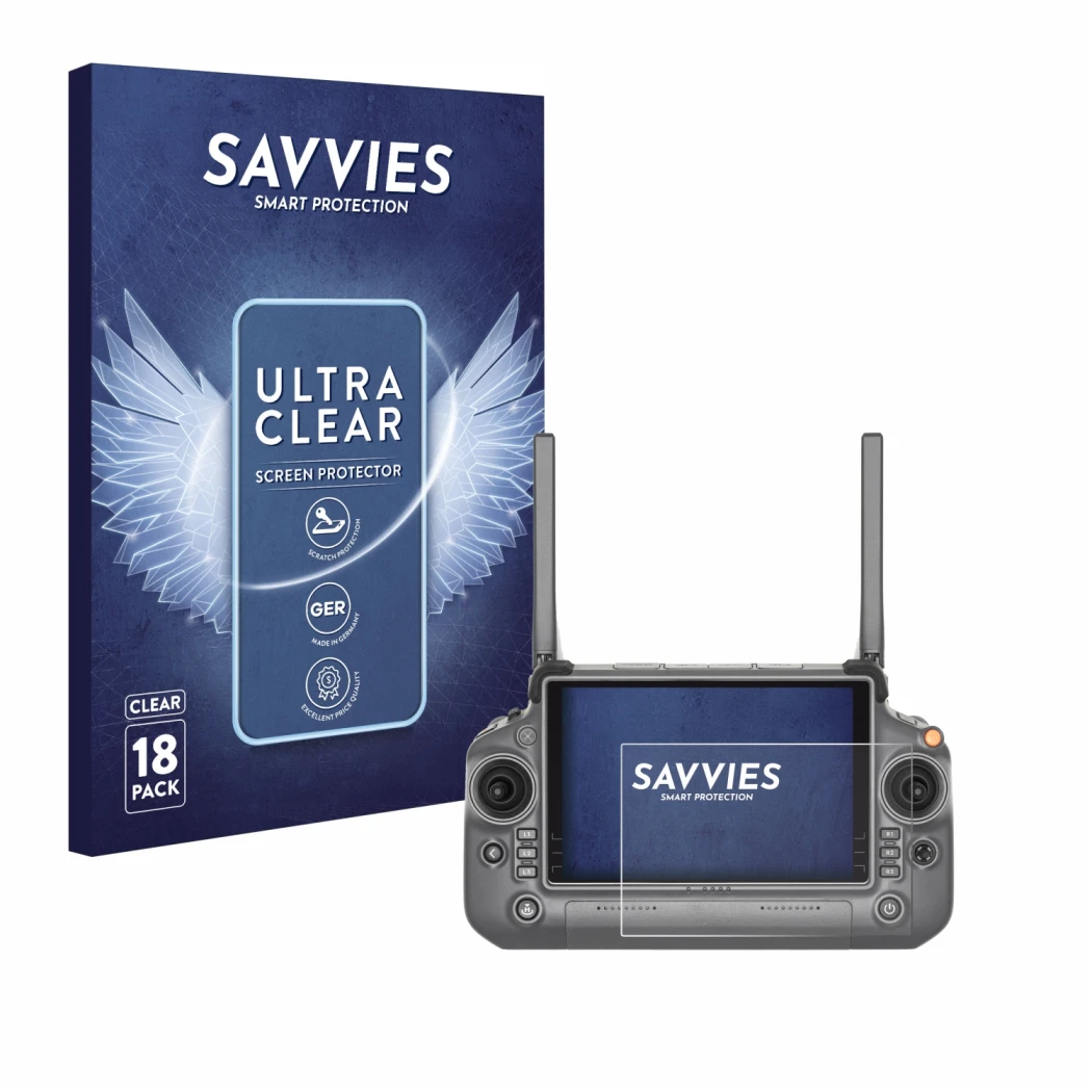 Parte frontale di una confezione del prodotto con il logo del marchio Savvies. Accanto è raffigurato il dispositivo DJI RC Plu