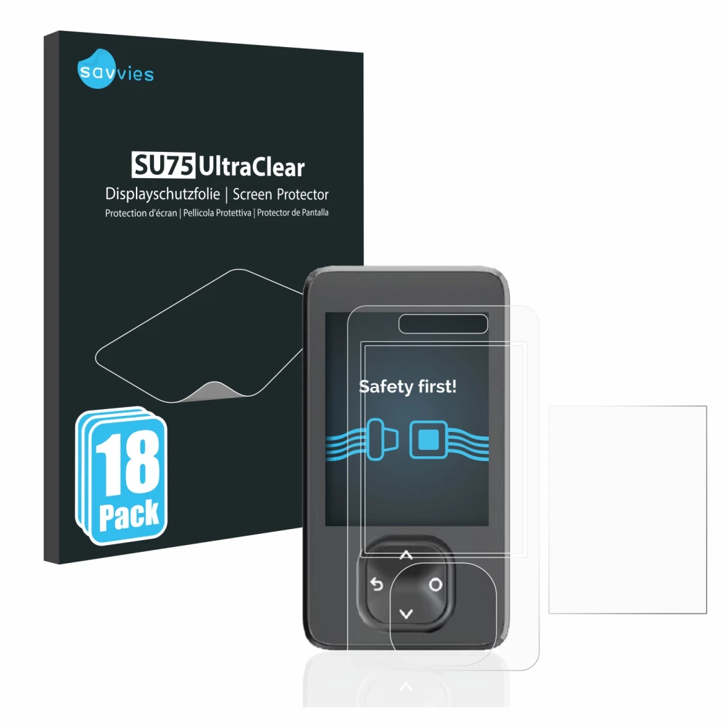 Parte frontale di una confezione del prodotto con il logo del marchio Savvies. Accanto è raffigurato il dispositivo Dexcom G7 