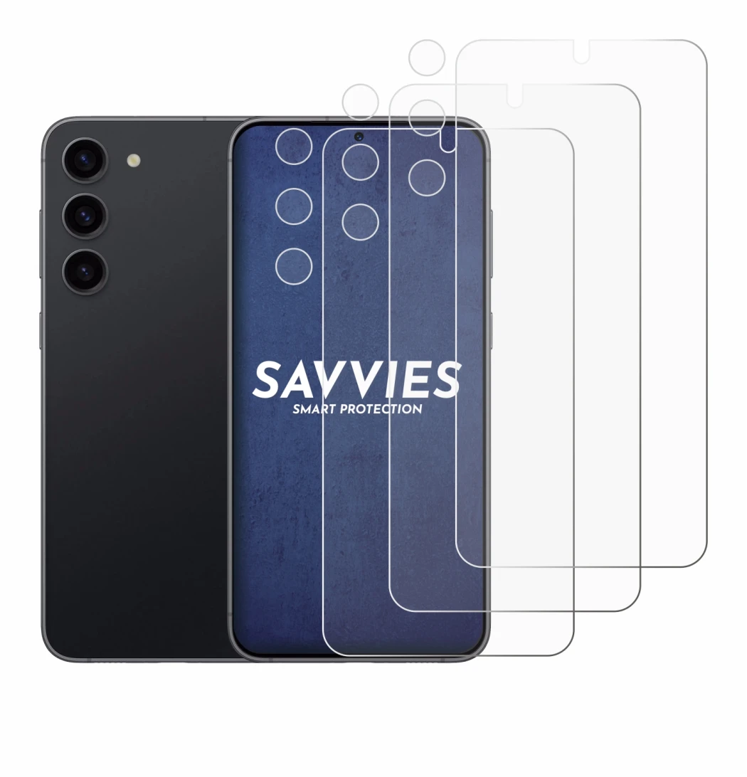 Immagine del dispositivo Samsung Galaxy S23 (Fronte+Fotocamera) con un'ampia varietà di protezioni per lo schermo.