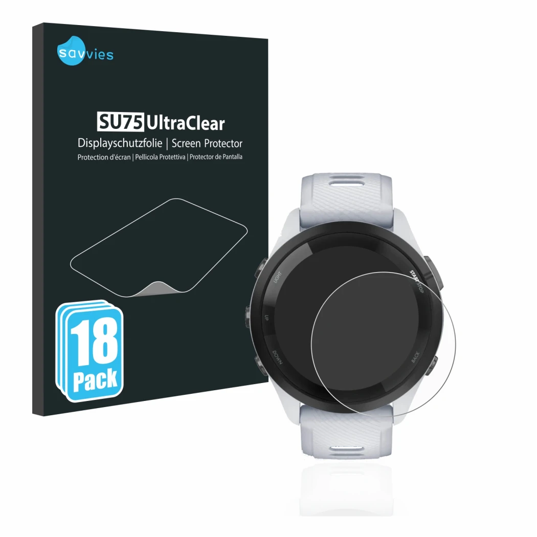 Parte frontale di una confezione del prodotto con il logo del marchio Savvies. Accanto è raffigurato il dispositivo Garmin For