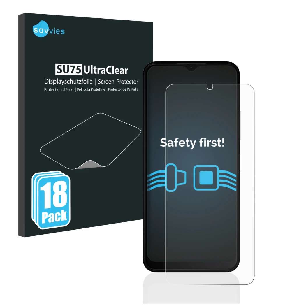 Parte frontale di una confezione del prodotto con il logo del marchio Savvies. Accanto è raffigurato il dispositivo Nokia C22 