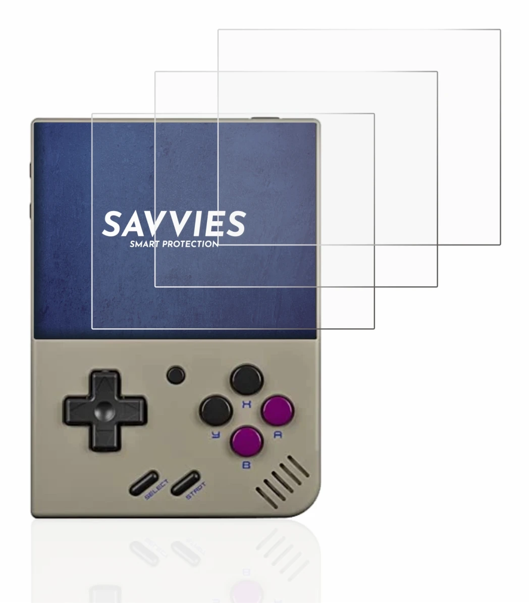 Immagine del dispositivo Miyoo Mini Plus con un'ampia varietà di protezioni per lo schermo.