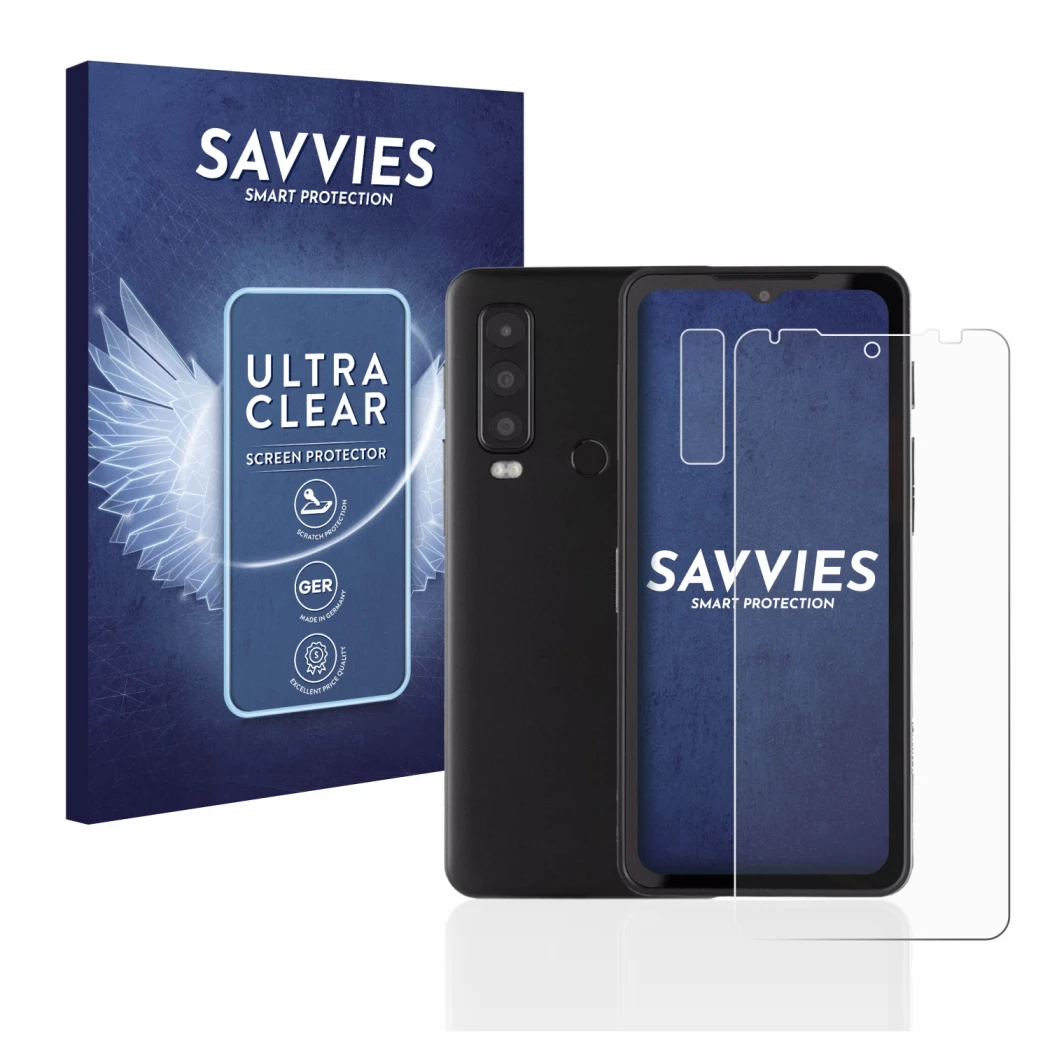 Parte frontale di una confezione del prodotto con il logo del marchio Savvies. Accanto è raffigurato il dispositivo Caterpilla