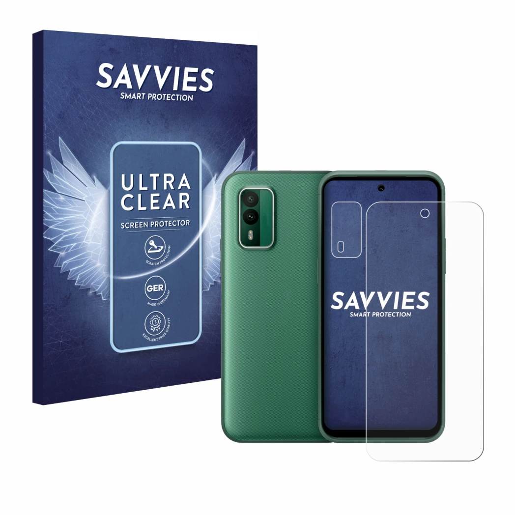 Parte frontale di una confezione del prodotto con il logo del marchio Savvies. Accanto è raffigurato il dispositivo Nokia XR21
