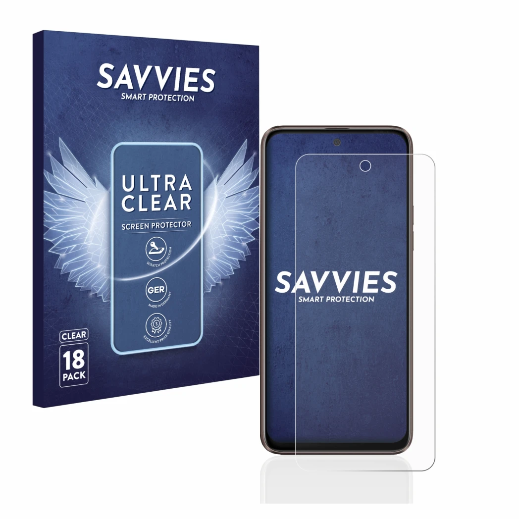 Parte frontale di una confezione del prodotto con il logo del marchio Savvies. Accanto è raffigurato il dispositivo HTC U23 Pr