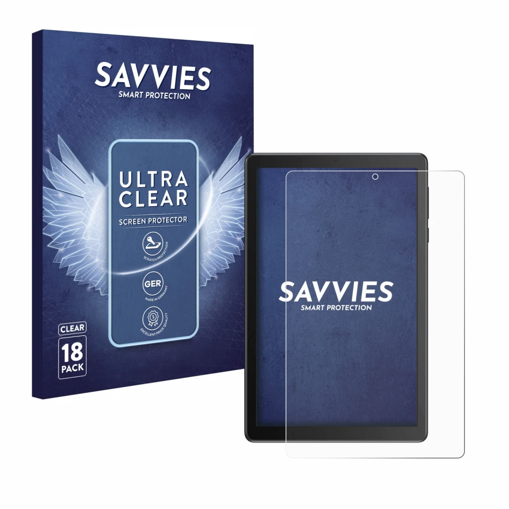 Parte frontale di una confezione del prodotto con il logo del marchio Savvies. Accanto è raffigurato il dispositivo TCL Tab 8V