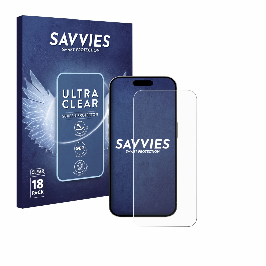 Parte frontale di una confezione del prodotto con il logo del marchio Savvies. Accanto è raffigurato il dispositivo Apple iPho
